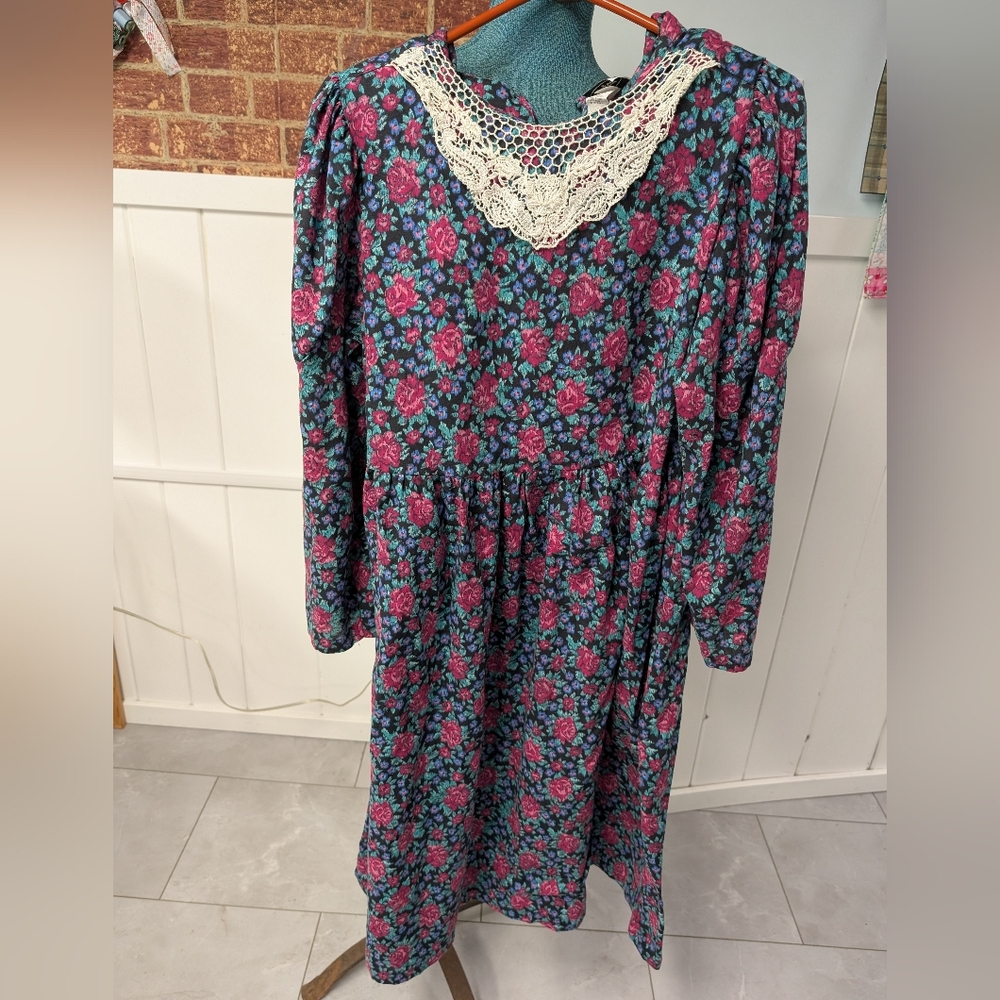 Vintage 90s Newport Womens Floral Maternity Dress Lace Collar Sz 10